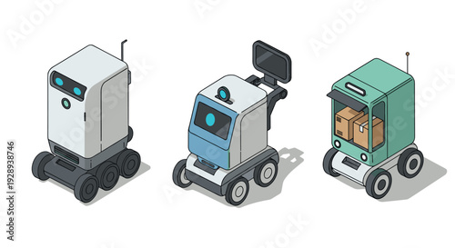 set of three hand drawn delivery robots with wheels and screens for logistics and transport