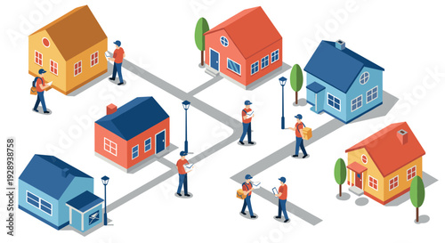 isometric delivery people with parcels and checklist near colorful houses in neighborhood illustration
