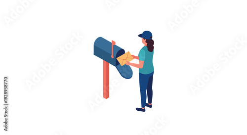 woman checking mailbox with letters in hand isometric illustration