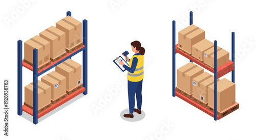 warehouse worker with scanner checking cardboard boxes on storage racks isometric illustration