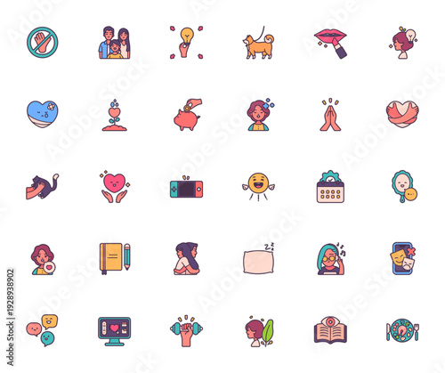 Selfcare icon set. Minimal line vector icons pack. Includes symbols for wellness, meditation, exercise, happiness, study, family, pet care, finance, mental health and more. Editable stroke.