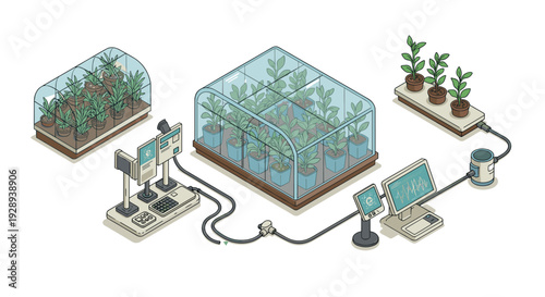 isometric smart greenhouse with connected digital monitoring system and plants hand drawn illustration