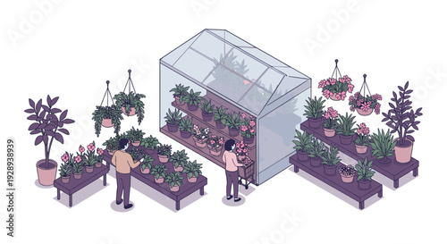 people shopping plants in a hand drawn isometric garden center with greenhouse and potted flowers