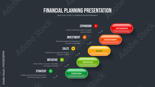 Business Briefing Five Option Diagram Presentation Design. Financial Proposal 5 Step Infographic Slideshow Layout. Enterprise Portfolio Frame Template Vector Illustration.