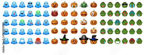 Big Set of Halloween Character Emojis Featuring Ghosts, Pumpkins, and Green Monsters