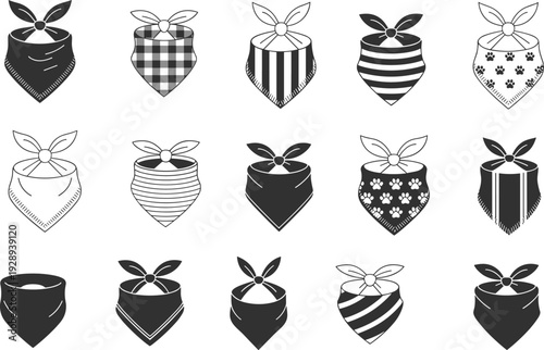 Dog bandana silhouette set with various patterns and fringe styles isolated on white background, black and white pet scarf vector collection