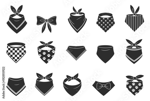 Dog bandana silhouettes collection with different patterns and bows isolated on white background, pet scarf and collar accessory vector set