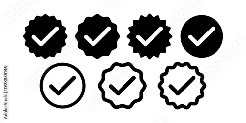 Account verification icon set with check mark badge symbols for approved confirmed status