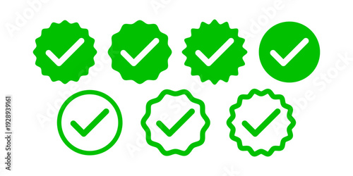 Confirmation and verification icon set with checkmark badges for trusted approved accounts