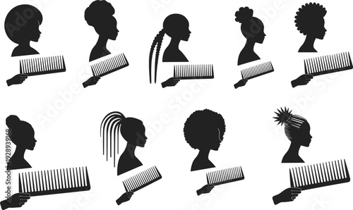 African women hairstyle silhouettes with afro braids buns and comb set black vector illustration collection for beauty salon hair care design