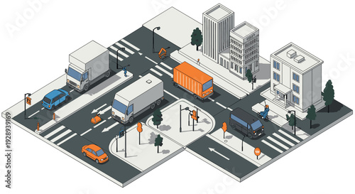isometric urban city intersection with vehicles buildings and trees hand drawn style for transportation and cityscape design