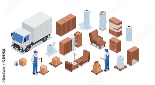 isometric moving truck with workers and furniture packing supplies collection in flat style