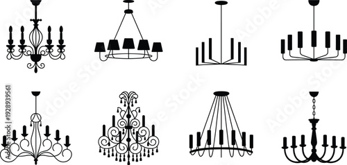 Black vector illustration set of eight chandelier silhouettes in diverse ornate and modern styles, arranged in grid format for interior design, decoration, and artistic inspiration.