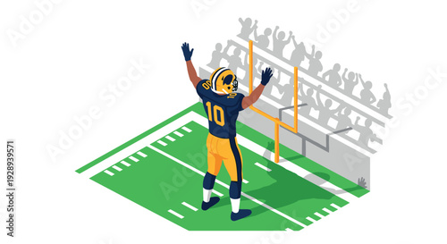 american football player celebrating on field with crowd cheering in isometric style illustration