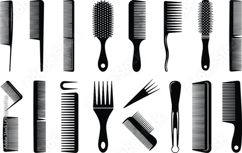 Black vector illustration set of eighteen combs and hairbrushes in diverse styles, including fine-toothed, wide-toothed, afro picks, and round brushes for grooming and fashion design.