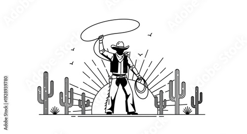 Cowboy with Lasso in Desert Landscape at Sunrise.