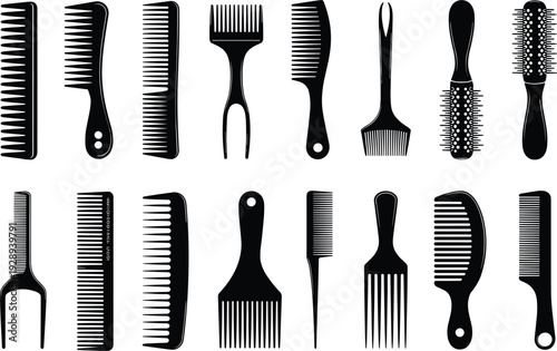 Black vector illustration set of eighteen combs and hairbrushes in diverse styles, including fine-toothed, wide-toothed, picks, and bristle brushes for grooming and fashion design.