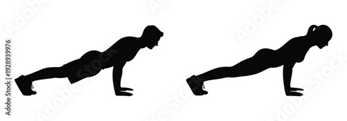 Male and Female Silhouette Doing Push-Ups for Fitness Training, Calisthenics Workouts, Gym Instruction, and Bodyweight Exercise