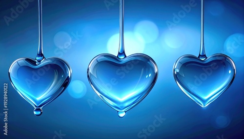Three suspended crystal hearts symbolize love and purity against a blue backdrop.