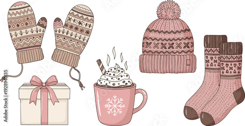 Winter Cozy Accessories Set with Knitted Mittens Hat Socks Gift Box and Hot Chocolate Mug Vector Illustration Isolated on White Background