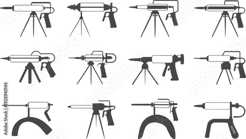 Black vector illustration set of twelve stylized caulking guns mounted on tripods, creatively designed with mechanical and tactical aesthetics for construction, industrial, and artistic design.