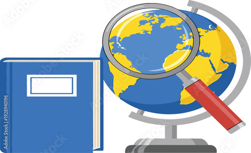 Education Concept with Globe Magnifying Glass and Book World Geography Study Research Vector Illustration Isolated on White Background