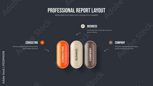 Financial Analysis Three Option Infographic Frame Layout. Enterprise Forecast Presentation Design Vector Illustration. Advertising Plan 3 Element Diagram Slideshow Template.