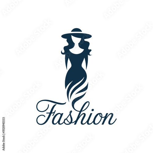 Elegant woman in dress and hat silhouette logo for fashion brand