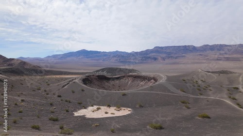 Gimbal wide shot of Little Hebe Crater at the volcanic field around Ubehebe Crater in Death Valley, California. 4K