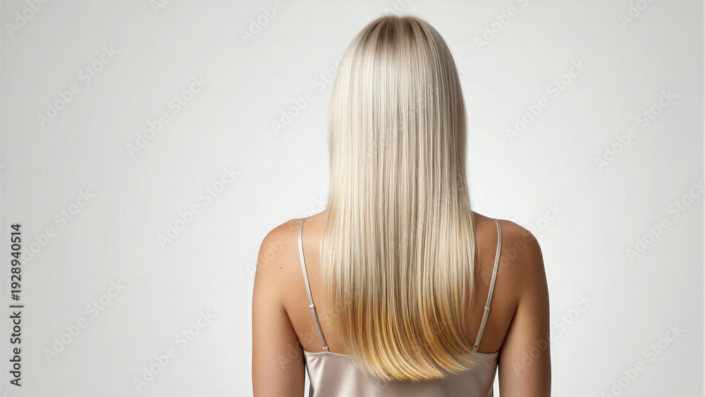 Obraz premium Long blonde hair beauty lifestyle woman back view isolated on gray background