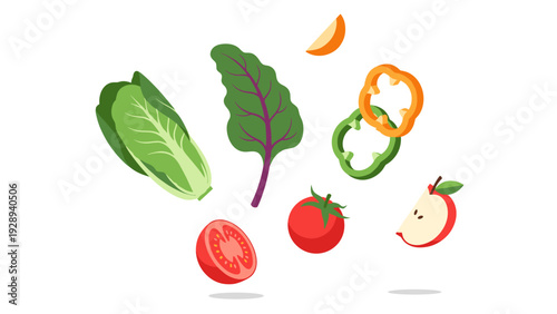 fresh vegetables and fruits including lettuce chard tomato bell peppers and apple in flat vector style