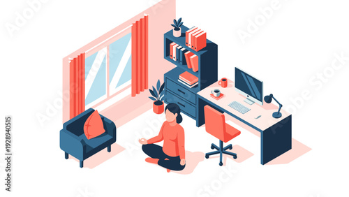 woman meditating in a modern home office space with desk computer and bookshelf isometric illustration