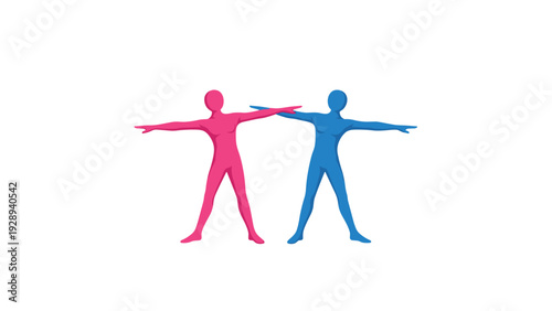 two abstract human figures in pink and blue with arms extended in opposite directions modern simple silhouette