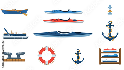various watercraft and nautical equipment flat icons hand drawn collection for marine and boating design