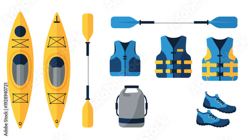 yellow kayak with paddles life jackets dry bag and water shoes flat set for water sports