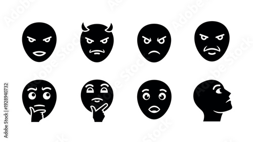 set of black silhouette angry and thinking facial expression icons hand drawn style