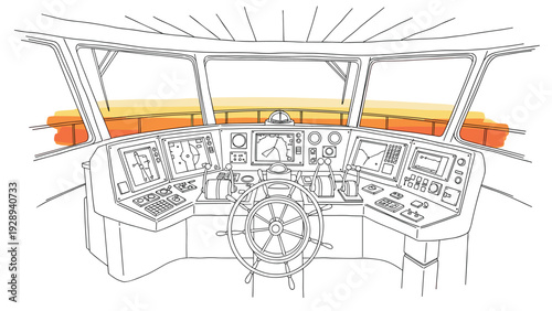 ship navigation bridge with steering wheel and control panels hand drawn line art illustration