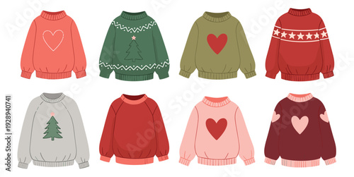 Christmas sweater collection festive winter pullovers with heart and tree patterns cozy holiday knitwear set flat vector illustration colorful seasonal clothing