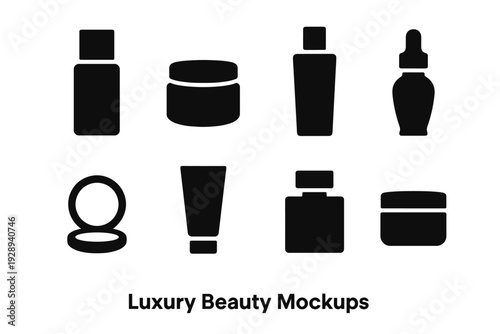 Luxury Beauty Icons. Luxury Beauty Mockups. Filled icon set of Luxury Beauty Mockups: gold-cap bottle, premium