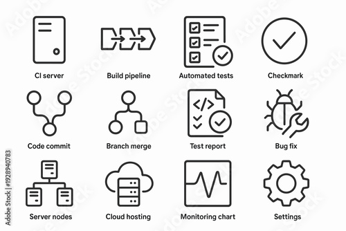 Continuous Integration Icons. Continuous integration testing. Line outline icon set of Continuous integration