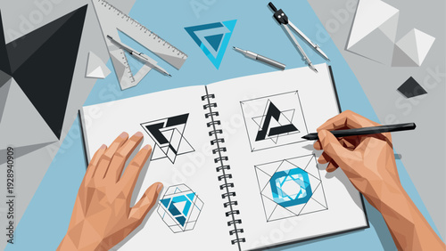 designer hands creating geometric logo sketches in a notebook with drawing tools modern flat illustration