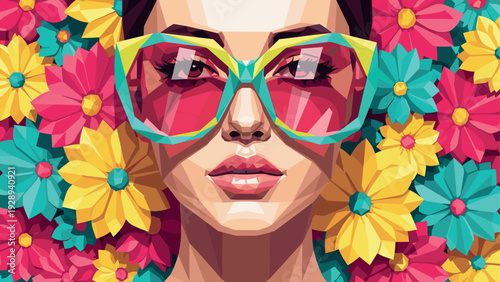 closeup portrait of woman with oversized glasses and colorful flowers pop art style
