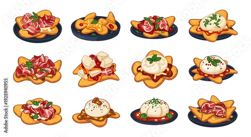 Gourmet Nachos and Italian Bruschetta Style Appetizers with Prosciutto, Burrata Cheese, and Basil Illustrations Set