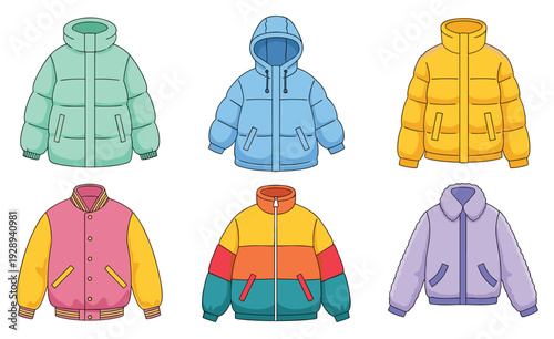 Colorful winter puffer jackets set flat illustration warm hooded outerwear collection casual quilted coats varsity bomber fashion apparel design bundle