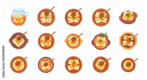 Honey Glazed Feta Cheese with Herbs Illustration Set, Greek Appetizer Icons