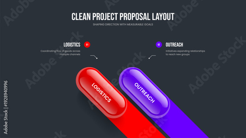 Marketing Solution Slideshow Template Vector Illustration. Business Plan Two Option Diagram Slide Layout. Modern Launch 2 Step Infographic Presentation Design.