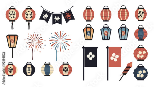 collection of hand drawn Japanese lanterns flags fireworks and firecracker icons for festival celebration