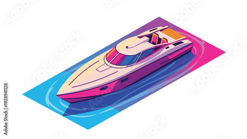 white motorboat yacht on water in vibrant colorful geometric style