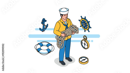 sailor holding rope with nautical equipment and marine navigation gear in hand drawn style