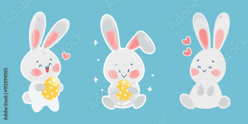 Three adorable cartoon bunnies enjoy golden eggs with hearts floating around